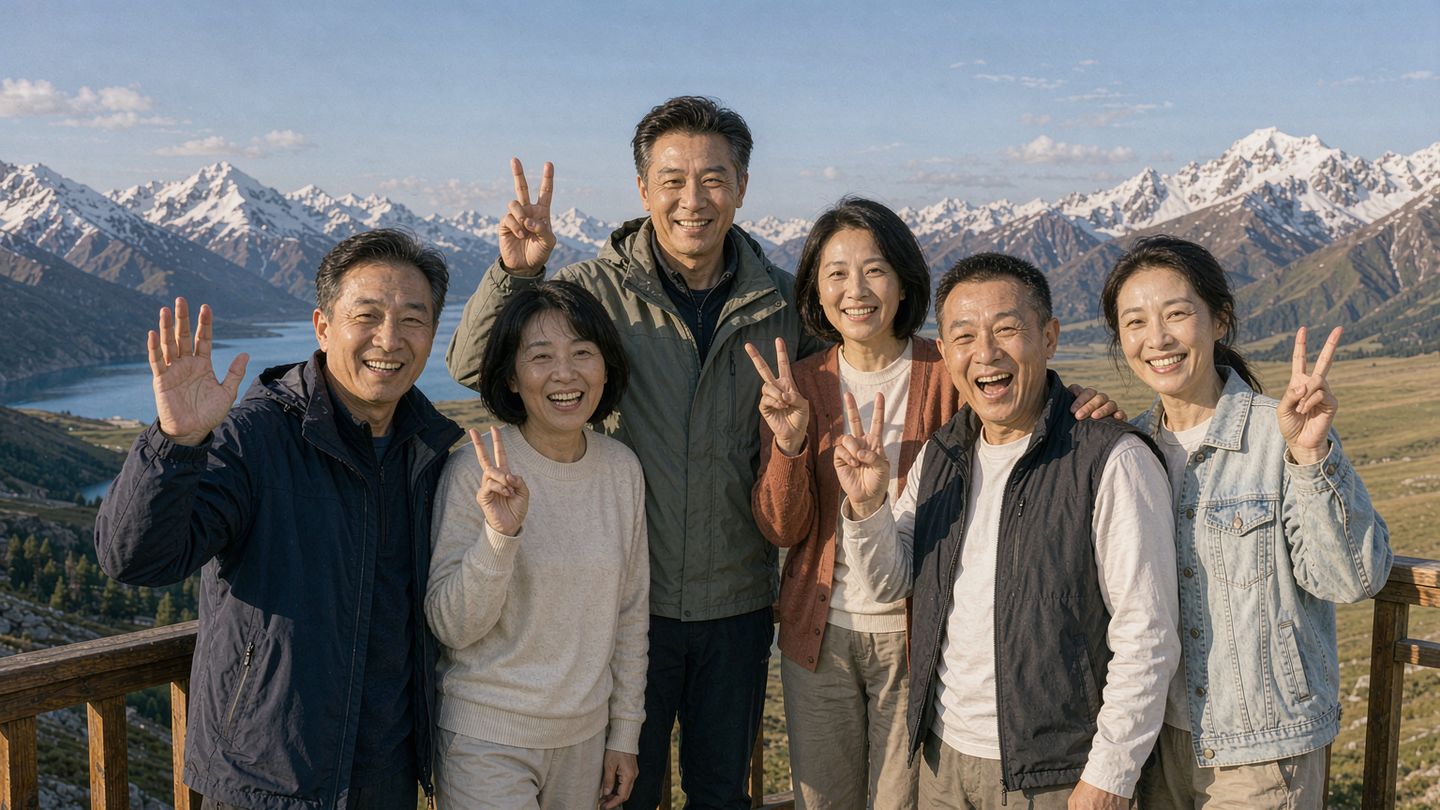 六位朋友站在高山观景平台上，背后是雪山与湖泊，微笑挥手比出 V 字手势