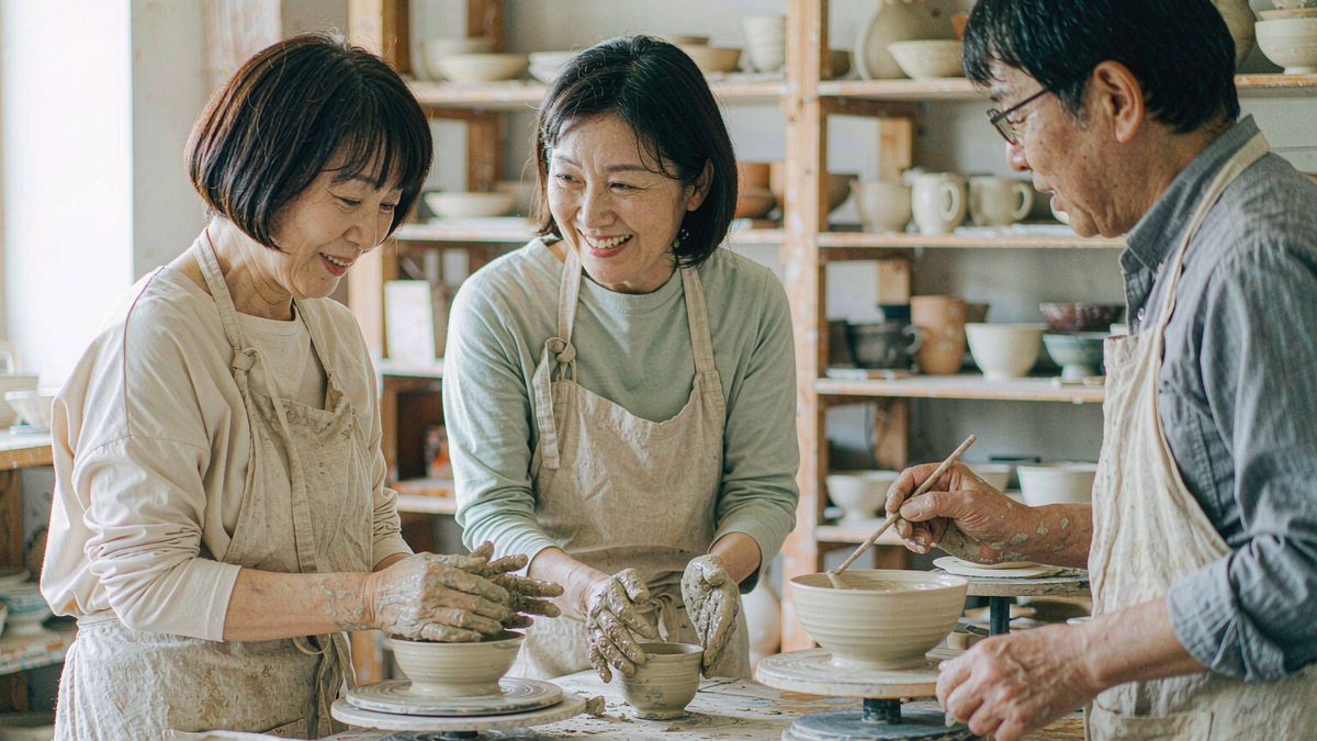 朋友们在陶艺工作室一起做陶艺